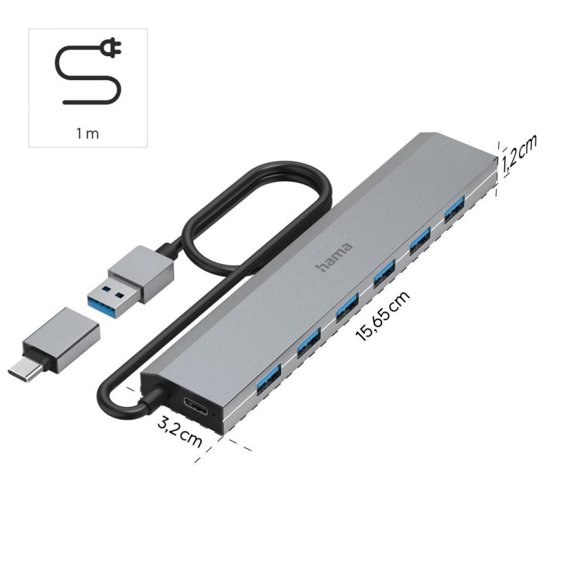 HAMA 7-портов хъб, USB 3.2 Gen 1, 5 Gbit/s, USB-C адаптер със захранване - Image 8