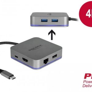 Докинг станция Delock, USB-A, USB-C, HDMI, Gigabit LAN, PD, Подсветка, Сива - Image 4