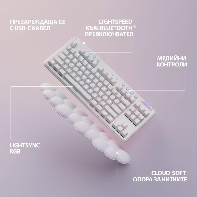 Безжична геймърска механична клавиатура Logitech G G715, TKL, Tactile, RGB LED, US Layout, бяла - Image 10