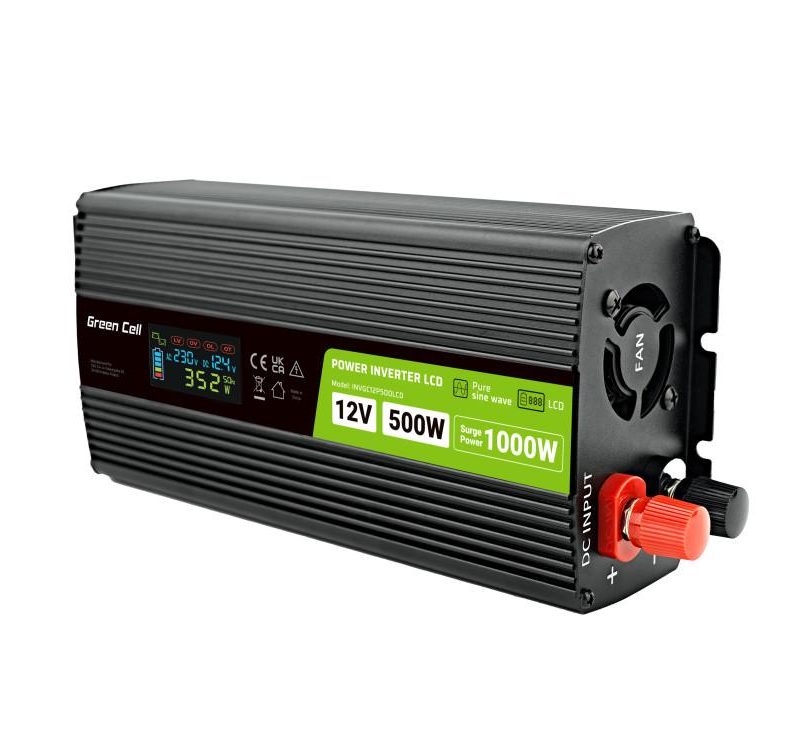 Инвертор GREEN CELL, 12/220V, DC/AC, 500W/1000W INVGC12P500LCD  LCD, Чиста синусоида