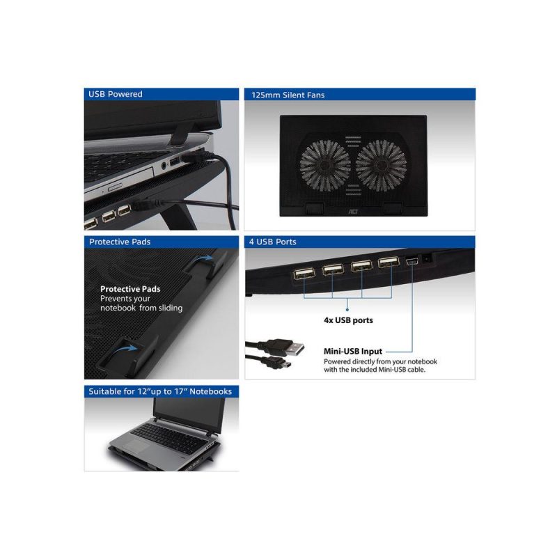 Охладител за лаптоп ACT, До 17", С два вентилатора, USB хъб, Черен - Image 5