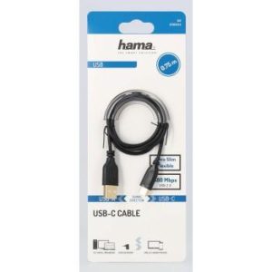 Кабел Hama Flexi-Slim USB-C - USB-A 2.0 мъжко, 0.75м,тънък, позлатен, черен - Image 3