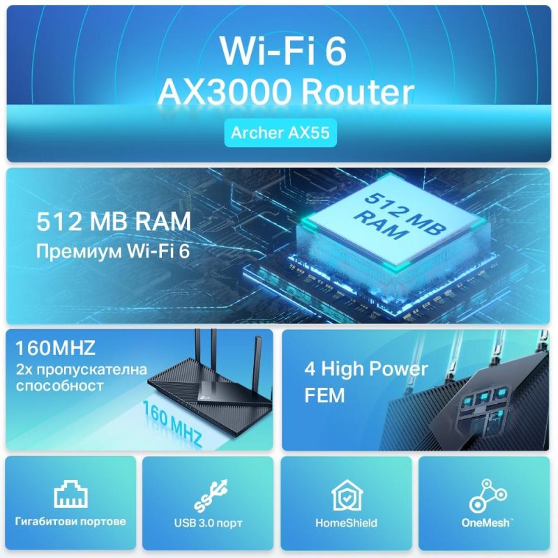 Безжичен рутер TP-Link Archer AX55, AX3000, Wi-Fi 6, Dual-Band Gigabit - Image 4