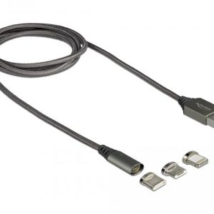 Кабел за зареждане Delock  3 в 1, USB-A мъжко - 8 Pin / Micro USB / USB Type-C, 1м, Черен