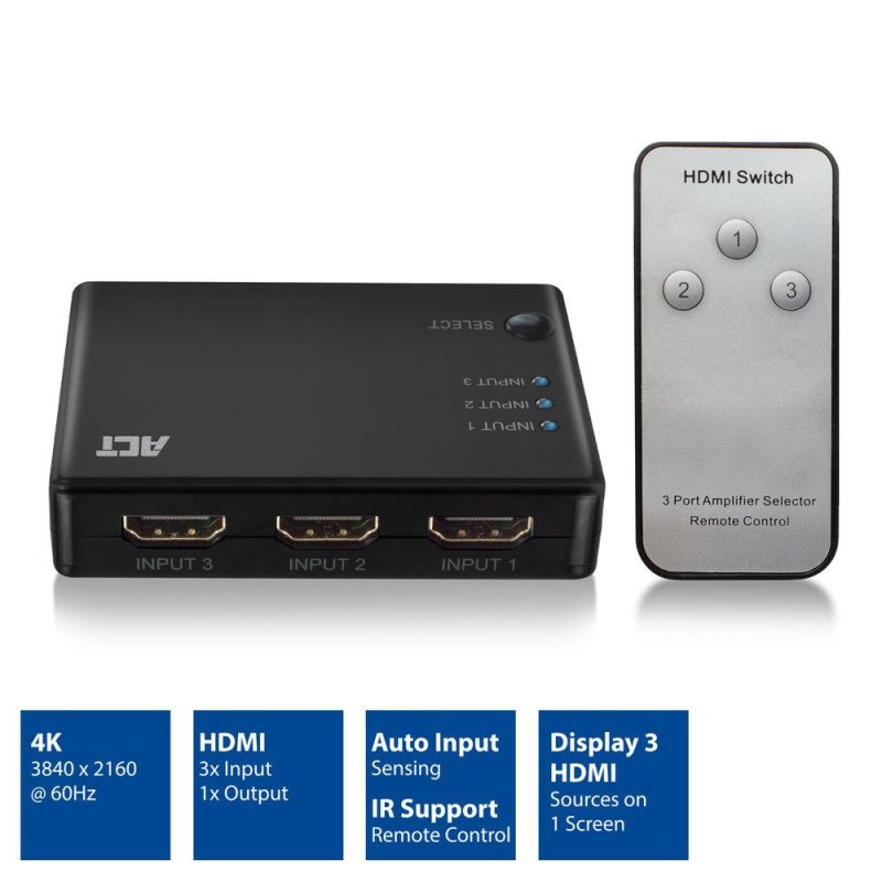 3 портов HDMI суич ACT , 4K@60Hz, USB, Дистанционно, Черен - Image 2