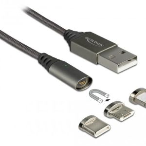 Кабел за зареждане Delock  3 в 1, USB-A мъжко - 8 Pin / Micro USB / USB Type-C, 1м, Черен - Image 2