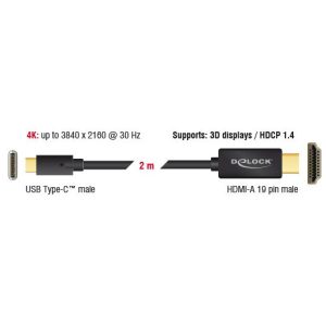 Кабел Delock, USB-C мъжко - HDMI мъжко, 2.0 m, 4K 30 Hz, 2 m, Черен - Image 2