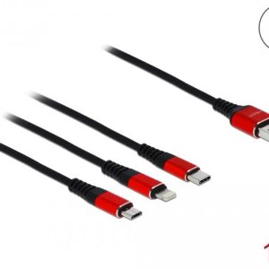 Кабел за зареждане Delock  3 в 1, USB - Lightning/ Micro USB/ USB-C, 1м, Черен/Червен - Image 2