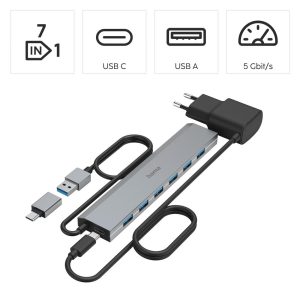 HAMA 7-портов хъб, USB 3.2 Gen 1, 5 Gbit/s, USB-C адаптер със захранване - Image 7