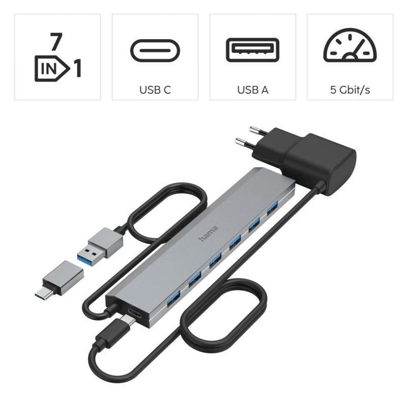 HAMA 7-портов хъб, USB 3.2 Gen 1, 5 Gbit/s, USB-C адаптер със захранване - Image 7