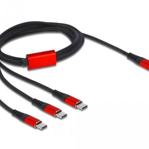 Кабел за зареждане Delock  3 в 1, USB-C - 3 x USB-C, 1м, Черен/Червен