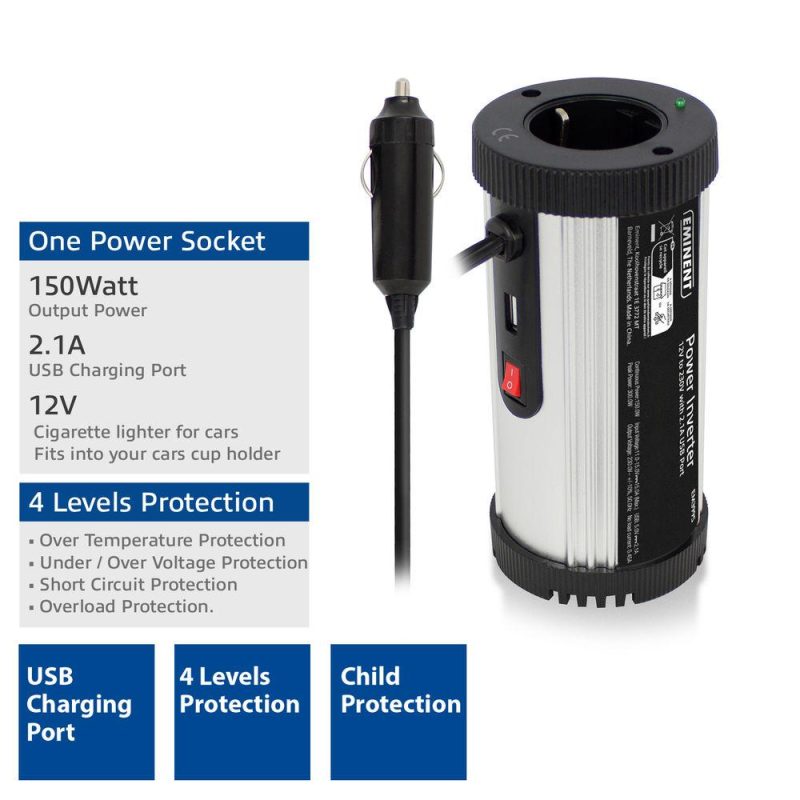 Инвертор Ewent EM3995, DC/AC 12V/230V, 150W, USB 2.1 A, Сребрист - Image 2