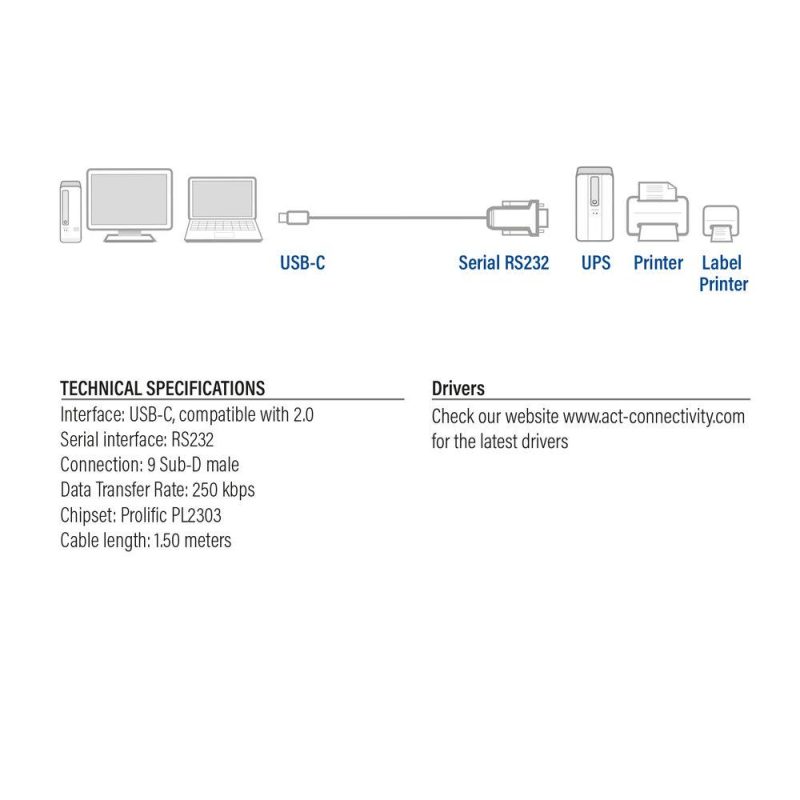 Конвертор ACT AC6002, USB-C мъжко - RS232 мъжко, 9 pin, 1.5 м, Черен - Image 3