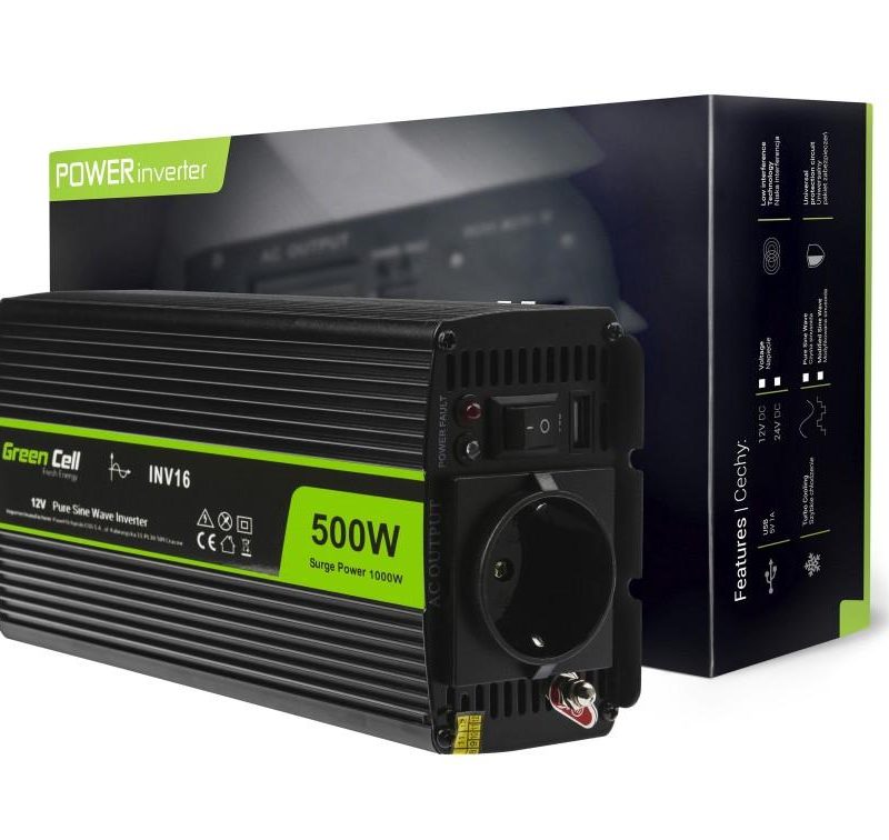 Инвертор GREEN CELL, 12/220V, DC/AC, 500W/1000W, Чиста синусоида
