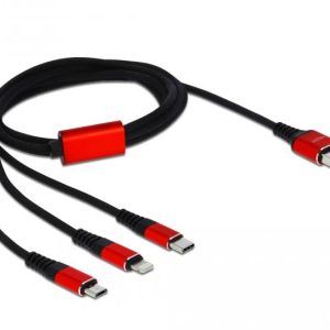 Кабел за зареждане Delock  3 в 1, USB - Lightning/ Micro USB/ USB-C, 1м, Черен/Червен