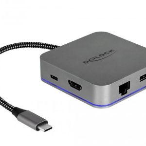 Докинг станция Delock, USB-A, USB-C, HDMI, Gigabit LAN, PD, Подсветка, Сива