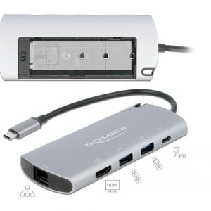 Докинг станция Delock USB-C, M.2 слот за SSD, HDMI, Gigabit LAN, 2xUSB-A, USB-C, Сива - Image 3