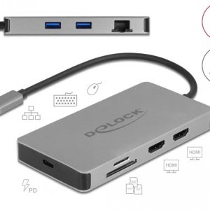 Докинг станция Delock USB-C - Dual HDMI, USB 3.2, SD, LAN, PD3.0, Сива - Image 2