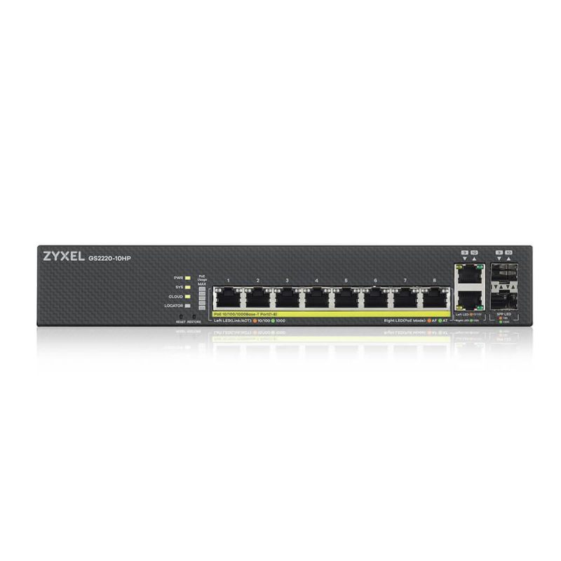 Суич ZyXEL GS-2220-10HP, 10 портов Layer2+, 8x Gigabit PoE + 2x Gigabit combo (RJ45/SFP), управляем - Image 2