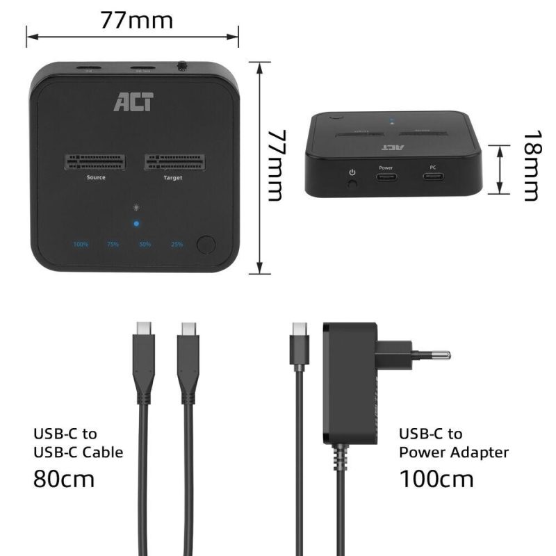 Двойна SSD докинг станция, ACT M.2 NVMe/PCIe  за клониране, USB-C 3.2 Gen2, 10 Gbps - Image 8
