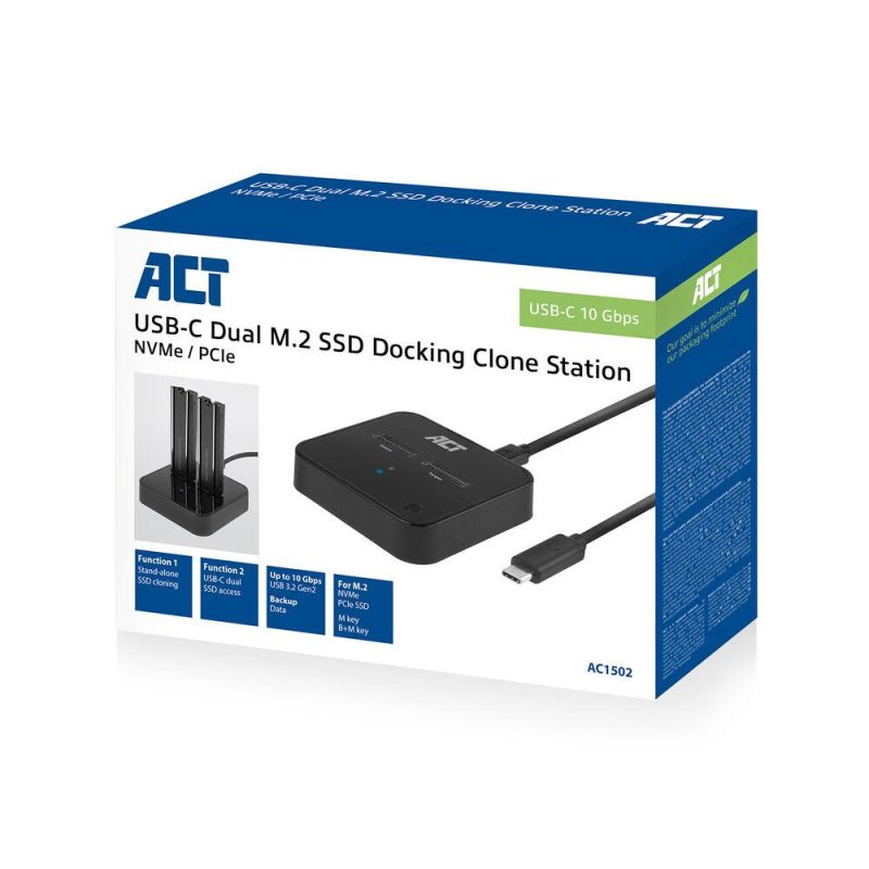 Двойна SSD докинг станция, ACT M.2 NVMe/PCIe  за клониране, USB-C 3.2 Gen2, 10 Gbps - Image 9