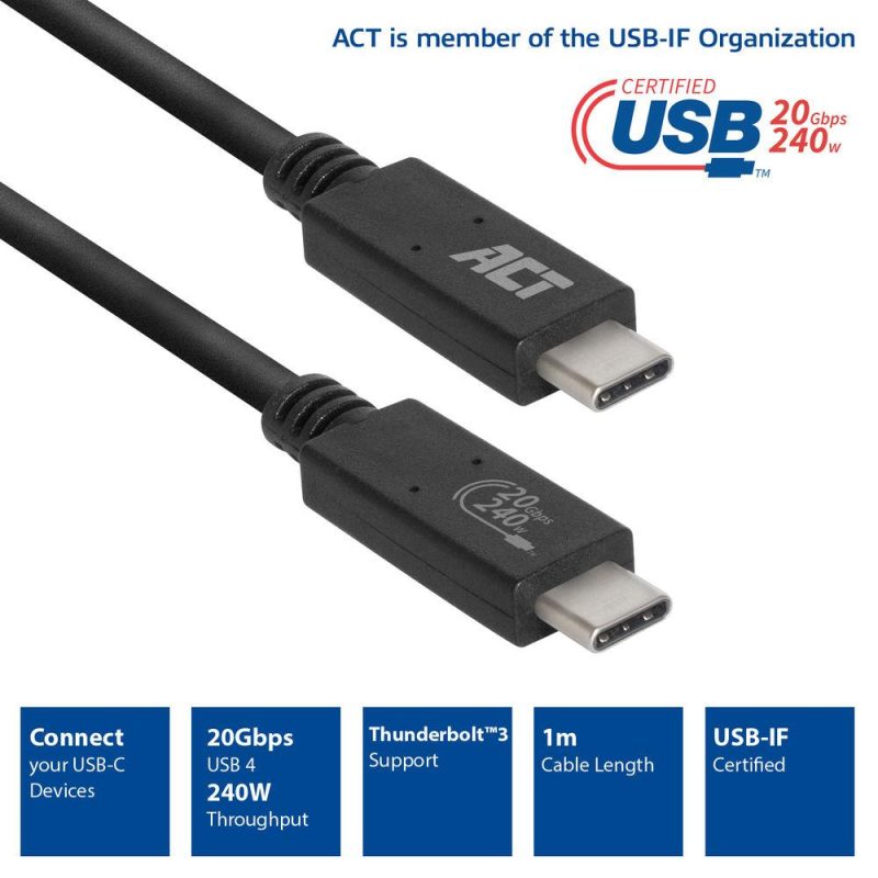 ACT Кабел USB-C - USB-C, 1 м / USB4, 20Gbps, 240W, сертифициран USB-IF - Image 2