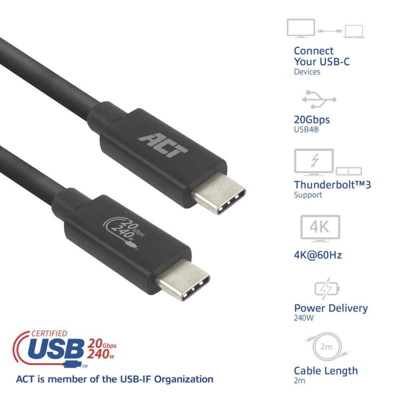 ACT Кабел USB-C - USB-C, 2 м / USB4, 20Gbps, 240W, сертифициран USB-IF - Image 2
