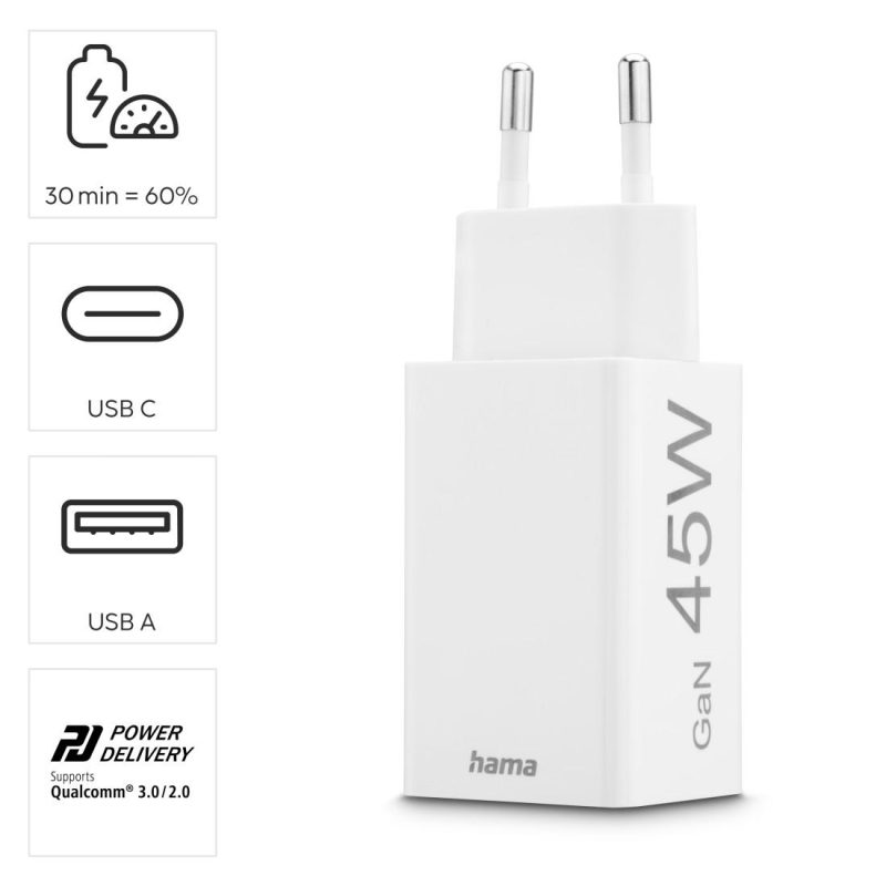HAMA Бързо мини зарядно, 45 W, 1x USB-C - 1x USB-A, PD, бяло - Image 16