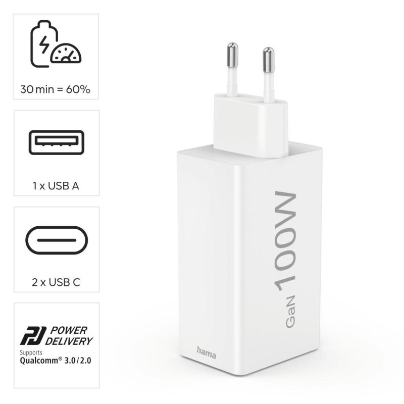 HAMA Бързо зарядно 220V, 100 W GaN, 2x USB-C PD, 1x USB-A QC - Image 15