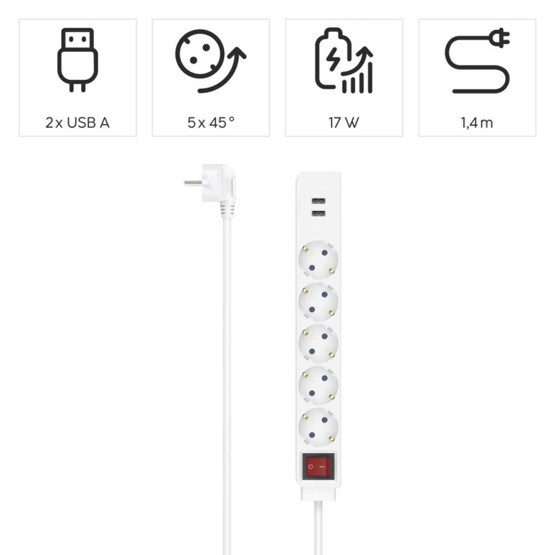 Разклонител HAMA USB 3.4A, 5 гнезда, 2x USB, 3400mA, 223183 - Image 7