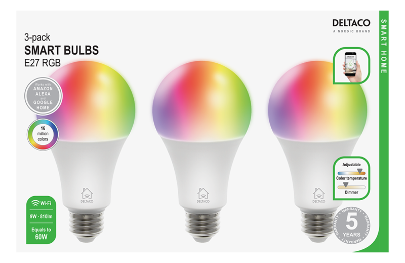 Комплект смарт RGB крушки DELTACO SH-LE27RGB, Е27, WiFI 2.4GHz, 9W, 810lm, Димираща, Бяла, 3 бр. - Image 2