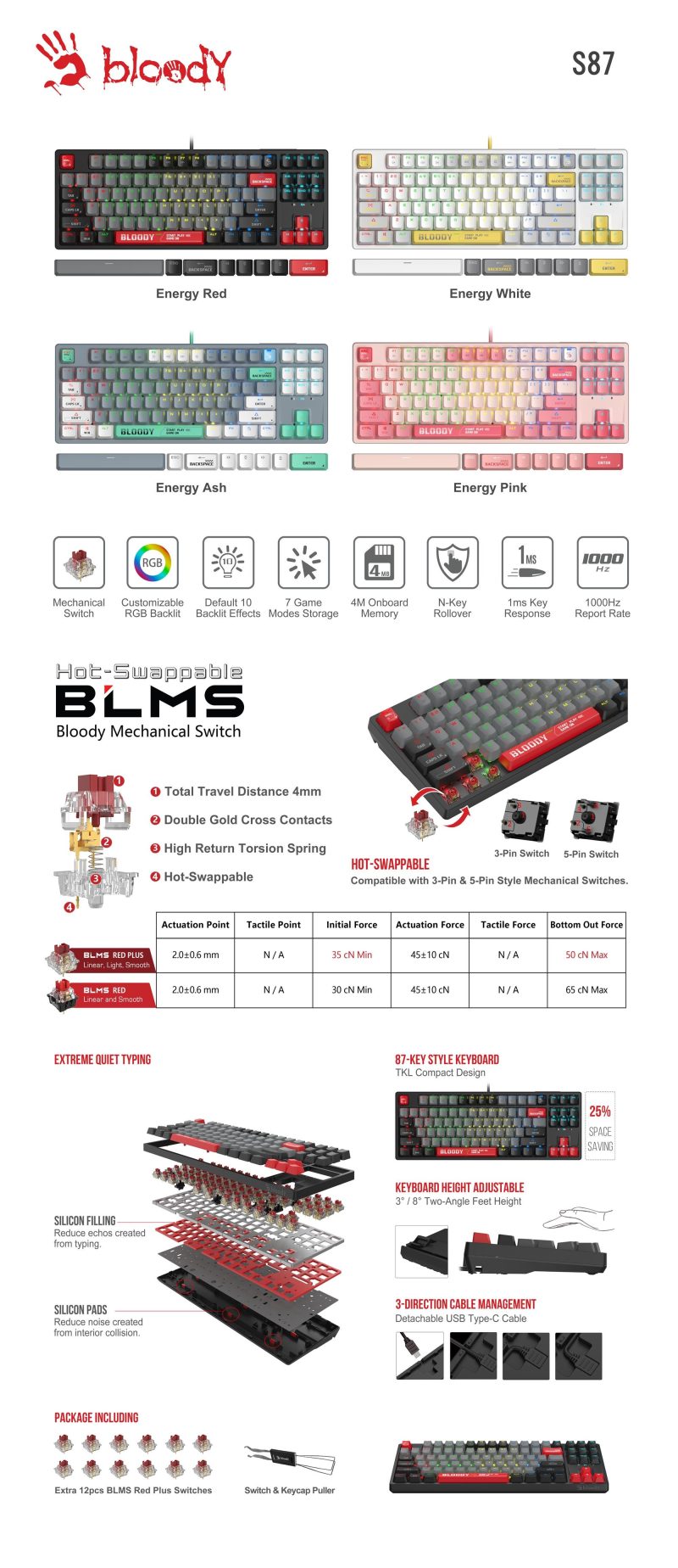 А4tech Геймърска механична  клавиатура Bloody Energy Pink S87 BLMS TKL RGB Backlit red switch , USB - Image 4