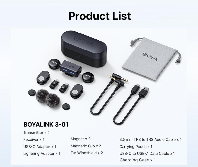 Безжична система микрофони BOYA BOYALINK 3-01 with lightning+USB-C +3.5mm TRS plug - Image 21