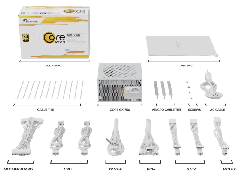 Захранващ блок Seasonic CORE GX White 750W 80+ Gold, Fully Modular, ATX 3.1, PCIe 5.1 - Image 9