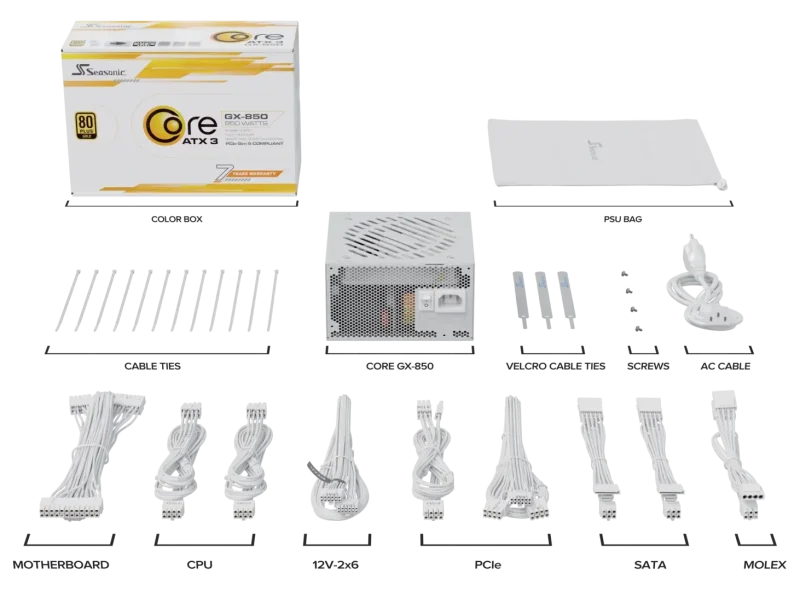 Захранващ блок Seasonic CORE GX White 850W 80+ Gold, Fully Modular, ATX 3.1, PCIe 5.1 - Image 9