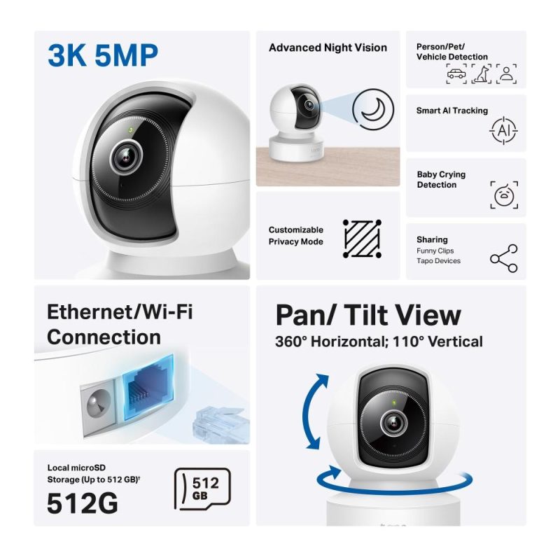 Домашна охранителна WiFi камера TP-Link Tapo C232, 3K 5Mp  с AI, Pan/Tilt, LAN, WiFi,SDmicro, нощно виждане - Image 4