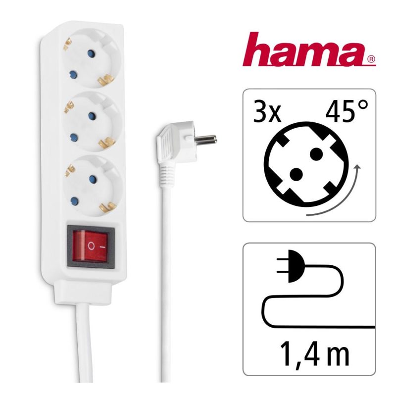 HAMA Разклонител 3 гнезда, 1.4м, бял с бутон за вкл/изкл. - Image 4