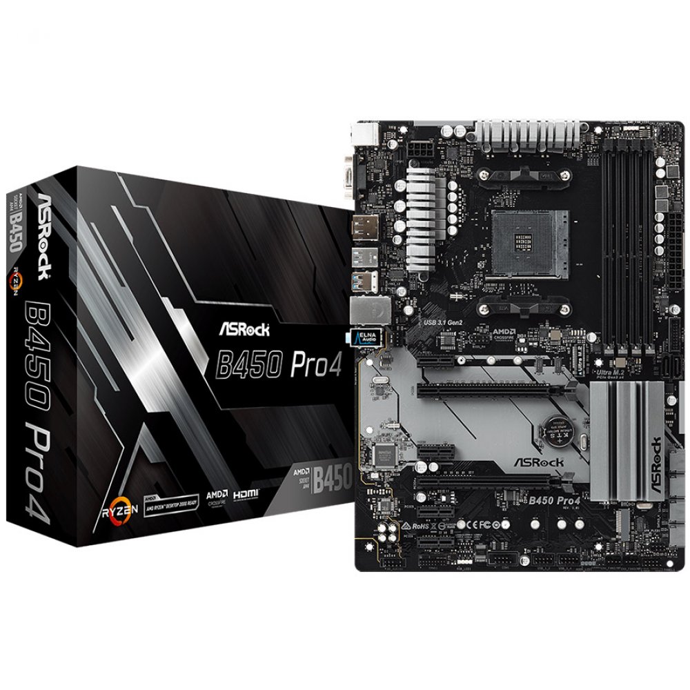 ASROCK Main Board Desktop B450 PRO4 (AM4 B450, 4xDDR4, HDMI/DP/D-Sub, 2 PCIe 3.0 x16, 4 PCIe 2.0 x1, 2xM.2, 6 SATA3, Type -C, 7 USB, 1xCOM Port Header), ATX retail