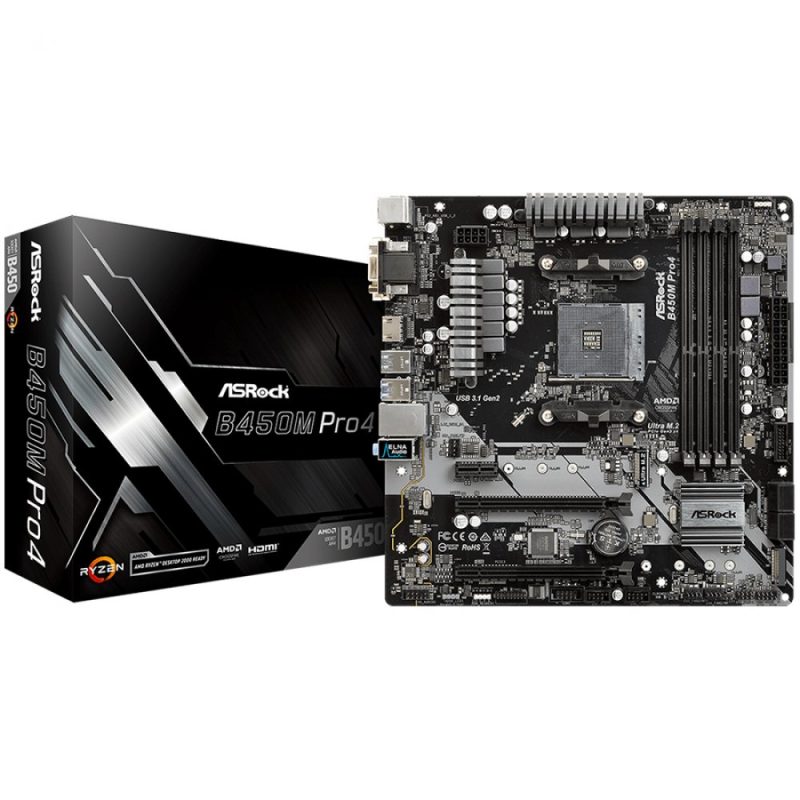ASROCK Main Board Desktop B450M PRO4 (AM4 B450, 4xDDR4,PCIe 3.0 x16,PCIe 2.0 x1, M.2, 4 SATA3, Type -C, 7 USB,VGA, DVI, HDMI) mATX