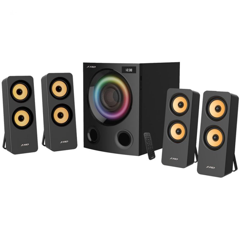 F&D F7700X 4.1 Multimedia Speakers, 80W RMS, 8x2.5'' Satellites + 5.25'' Subwoofer,  BT 5.0/Optical/AUX/USB/FM/Multi-color LED/LED Display/Remote Control/Wooden/Black