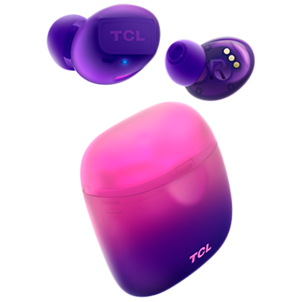 TCL In-Ear True Wireless Bluetooth Headset, Frequency of response 9-22K, Sensitivity 100 dB, Driver Size 5.8mm, Impedence 13 Ohm, Max power input 20mW, Playtime 6.5h/26h, IPX4, Bluetooth 5.0, A2DP, AVRCP, HFP, HS, USB-C, Color Sunrise Purple