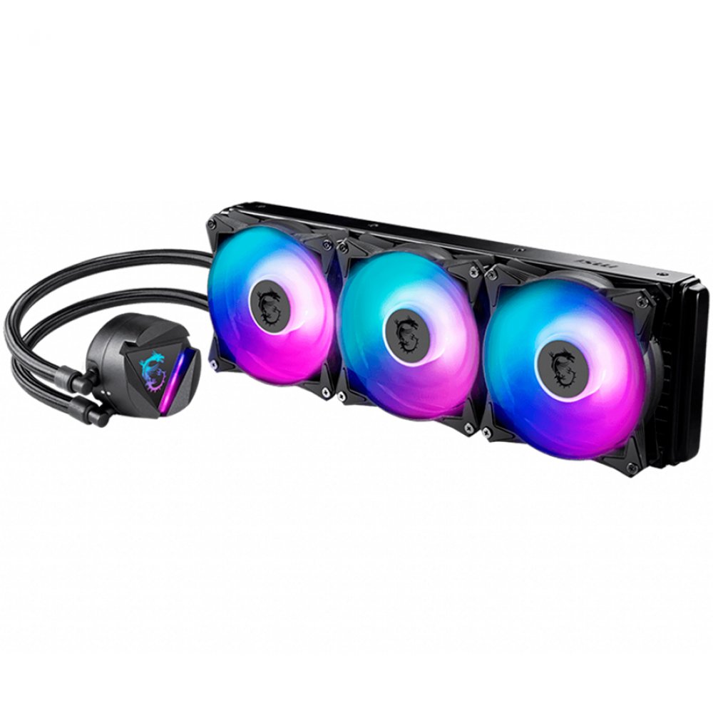 MSI MAG CORELIQUID 360R, AIO ARGB CPU Liquid Cooler, 360mm Radiator - Triple 120mm RGB PWM Fans, Intel 1150/1151/1155/1156/1200/1366/2011/2011-3/2066; AMD AM4/FM2+/FM2/FM1/AM3+/AM3/AM2+/AM2/TR4/sTRX4/SP3, 500~2000 RPM, 394x120x27mm, Aluminum Radiator