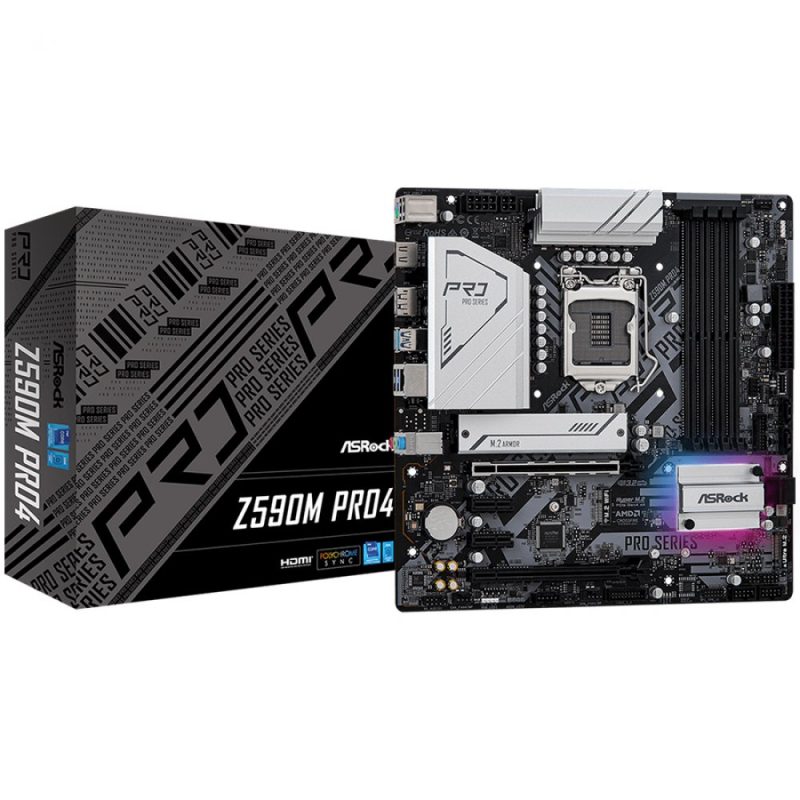 ASROCK Main Board Desktop Z590M Pro4 (S1200, 4xDDR4, 4xPCIe x16, 2xPCIe x1, SATA III, 1 xM.2, 1 xUlraM.2, USB3.0, GLAN, HDMI, DP), Retail