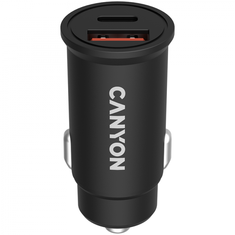 CANYON C-20B03, PD 30W/QC3.0 18W Pocket size car charger with 1-USB A+ 1-USB-C Input: DC12V-24V, Output: USBC: PD30W( 5V3A/9V3A/12V2.5A/15V2A/20V1.5A),USB-A:QC3.0 18W (5V3A