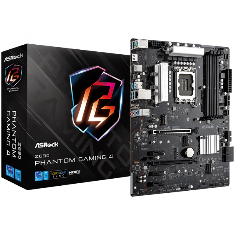 ASROCK Main Board Desktop Z690 Phantom Gaming 4 (S1700, Z690, 4x DDR4, 2x PCIe x16, 3x PCIe x1, 4x SATA3 6.0Gb/s, 2x m.2 PCIe Gen4x4, RAID 0,1,5,10, 10x USB 3.2, 1x USB-C 1x RJ-45 2.5G Lan, HDMI, DP, ATX, Retail