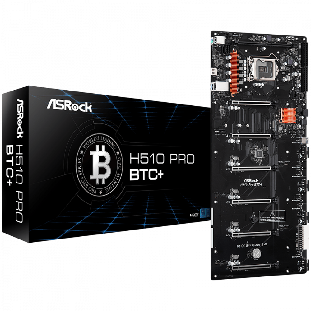 ASROCK Main Board Desktop H510 PRO BTC+ (s1200, H510, 1xDDR4, 6x PCI Ex3.0 x16, 1x Mining Port (M_Port1 at x1), 1xSATA, 1xM.2, 2x USB3.1 Gen1, 2x USB2.0, HDMI, GLAN, Power/Reset button, ATX, Retail)