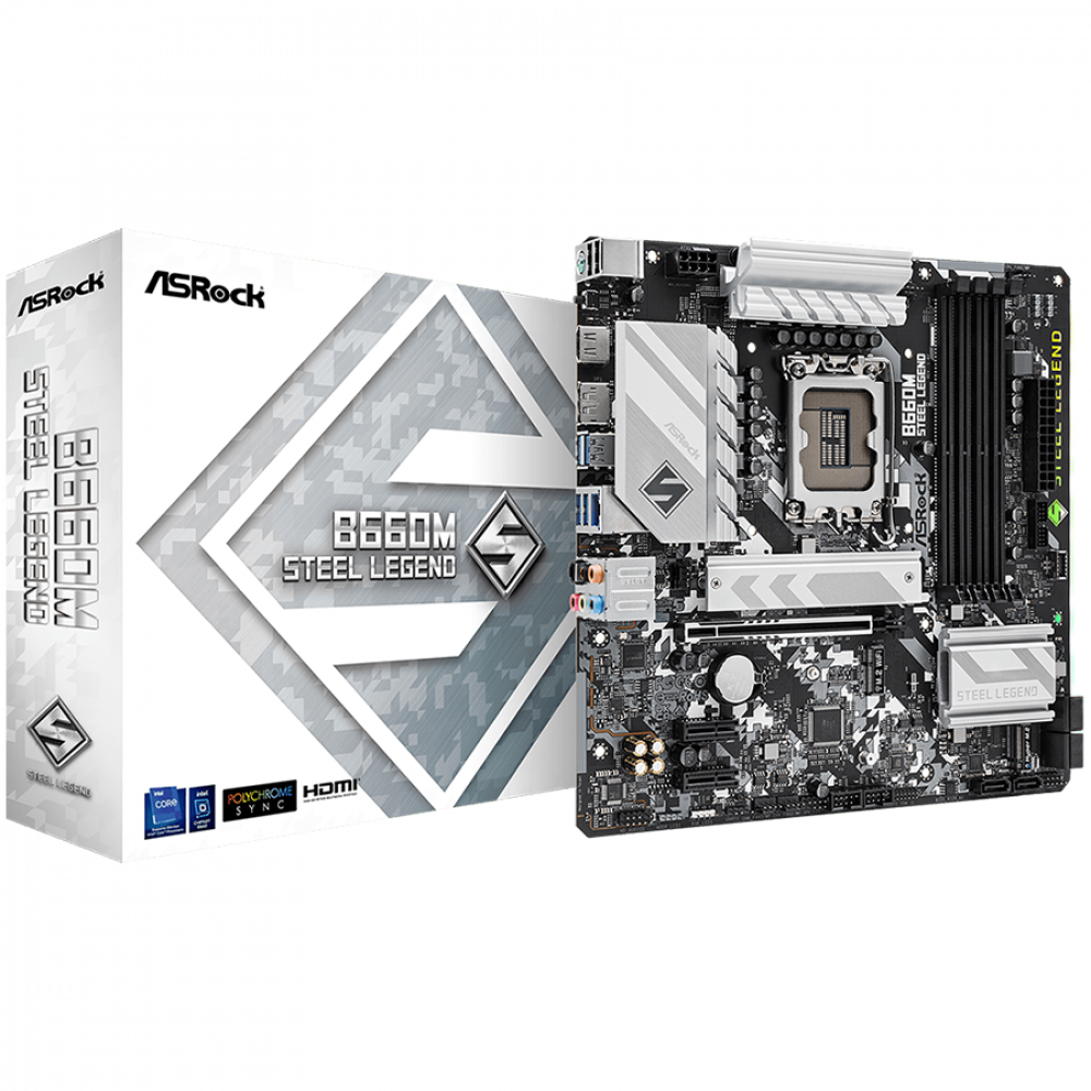 ASROCK MB Desktop B660M STEEL LEGEND (S1700, B660M, 4xDDR4, 1xPCIe 4.0x16, 2xPCIe 3.0x1, 6xSATA, 2xM.2 PCIe, 1x USB-C, 6x USB 3.2, 6x USB 2.0, DP, HDMI, 2.5GLAN, POLYCHROME RGB, mATX) Retail