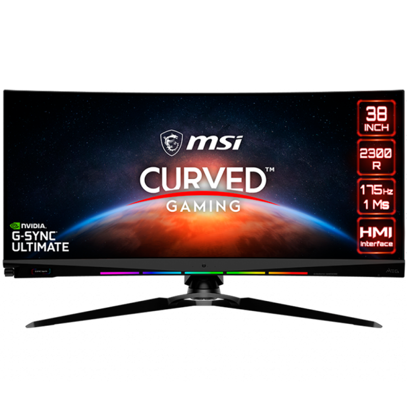 MSI Optix MEG381CQR Plus Curved Gaming Monitor, 37.5" 175Hz, UWQHD+ (3840x1600) 21:9, Rapid IPS Anti-glare, 400nits, 1000:1, 178°/178°, HDR, 2300R Curve, G-SYNC ULTIMATE, Mouse Bungee, 2x HDMI, 1xDP, 3xUSB 3.2, Adjustable stand, 3Y Warranty