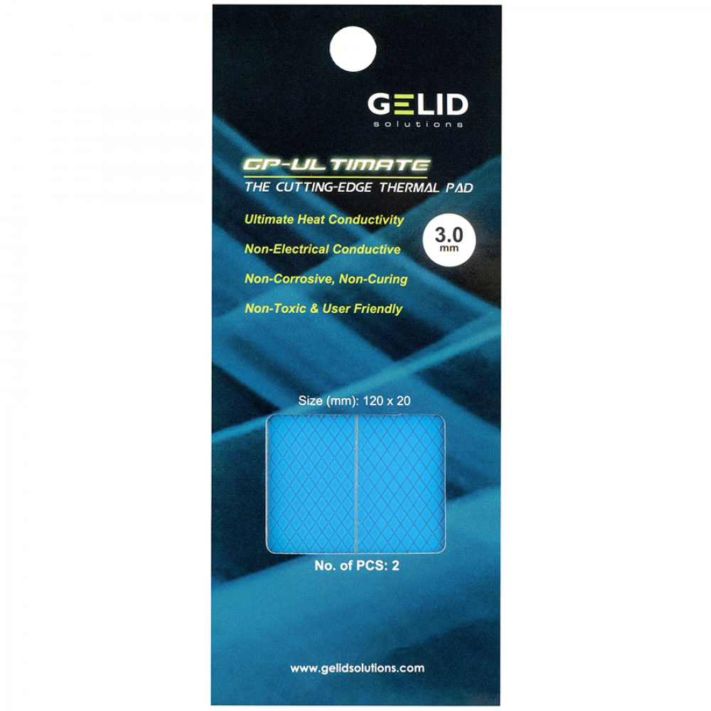 GELID GP-ULTIMATE 120×20 THERMAL PAD, Value Pack (2pcs included): 3 mm, Density (g/cm3): 3.2, Size (mm): 120 x 20, Thermal Conductivity (W/mK): 15