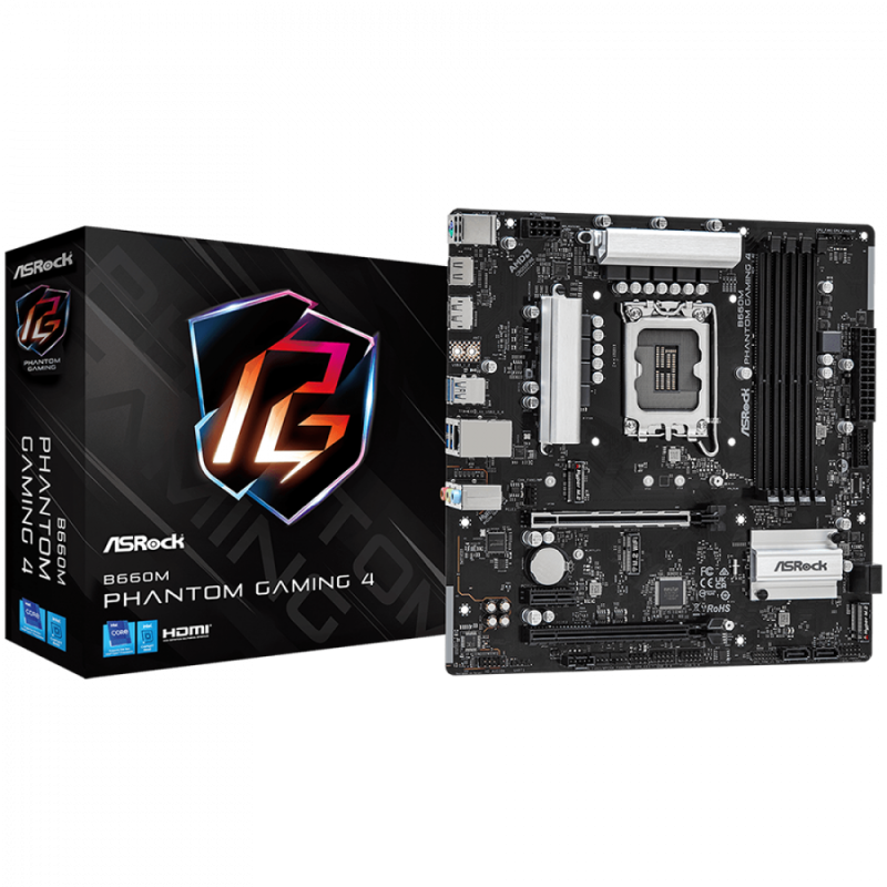 ASROCK MB Desktop B660M Phantom Gaming 4 (S1700, B660M, 4xDDR4, 2x PCIe x16, 1x PCIe 3x1, 4xSATA, 2xM.2 PCIe, 6x USB 3.2, 6x USB 2.0, DP, HDMI, GLAN, mATX) Retail.